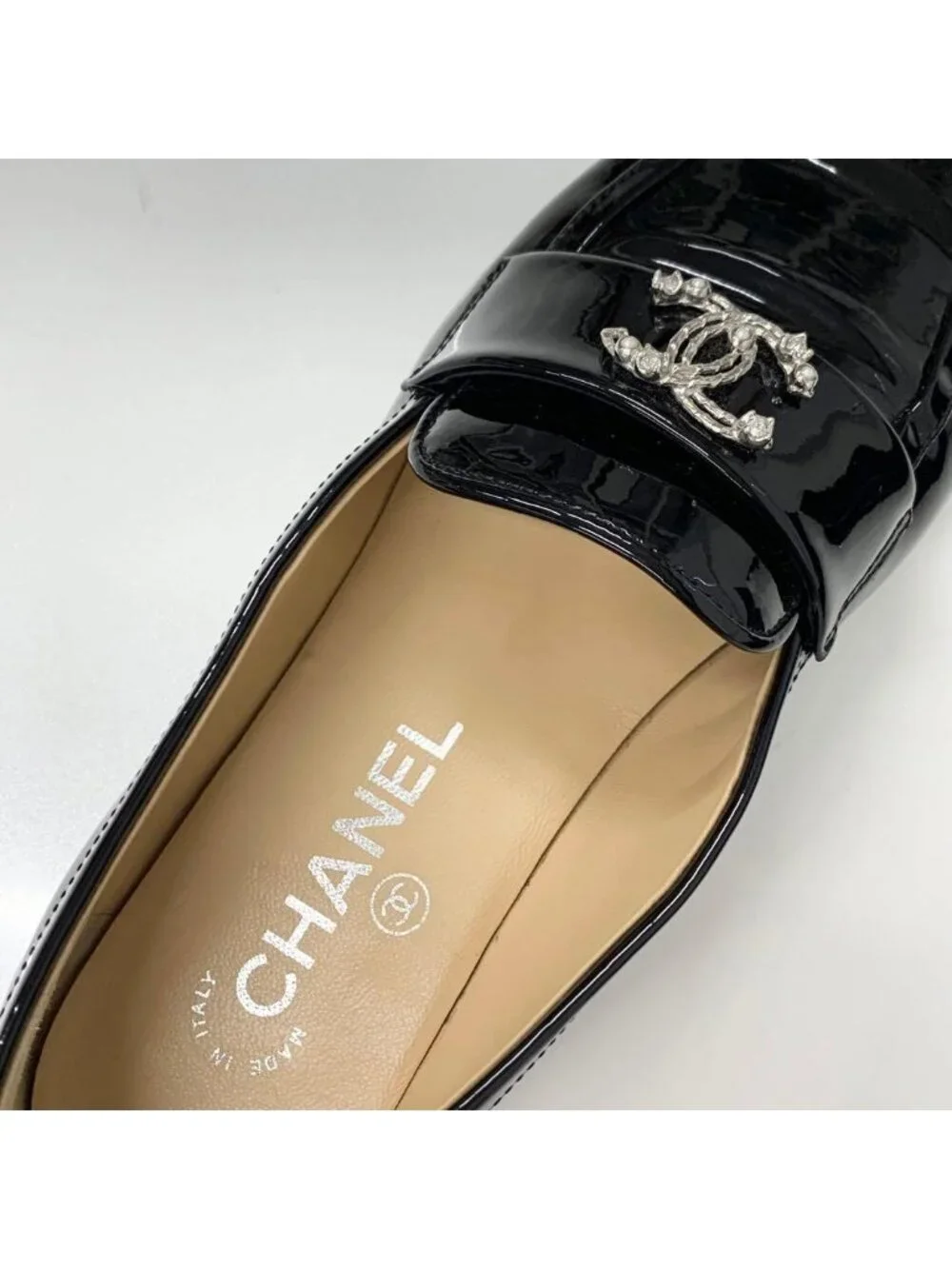 Chanel CC Logo Patent Rhinestone Pearl Loafers Black